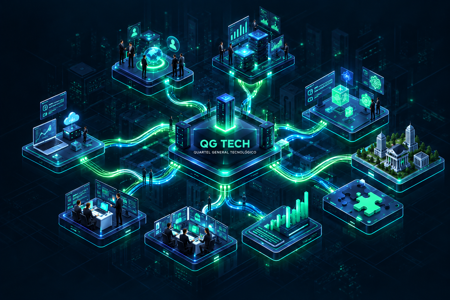Ecossistema tridimensional QGTech: pessoas, dados, automação, mercado, tecnologias, engenharia, implantação e resultados conectados por caminhos luminosos.